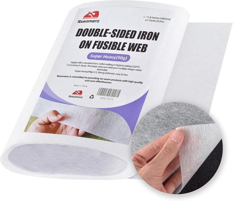 Nseamera شريط تداخل لاصق مزدوج الجوانب للخياطة، لاصق فائق الوزن 90 جرام، 11.8"×5 ياردات، شريط لاصق قابل للغسل لتطبيق الأقمشة، والتطريز، والحرف اليدوية - Image 1